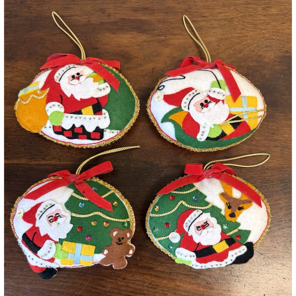 Vintage Handmade Felt Santa Christmas Ornaments Set of 4 Sequins Beaded Holiday